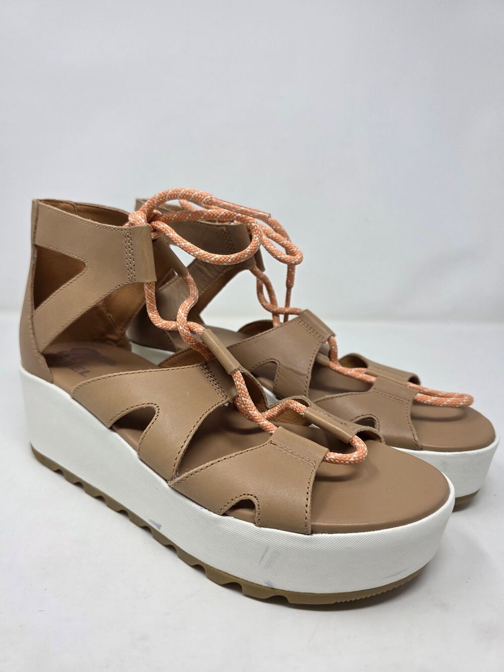 Sorel Cameron Flatform Lace Tan Leather Ankle Tie Wedge Sandals Size 8 GUC